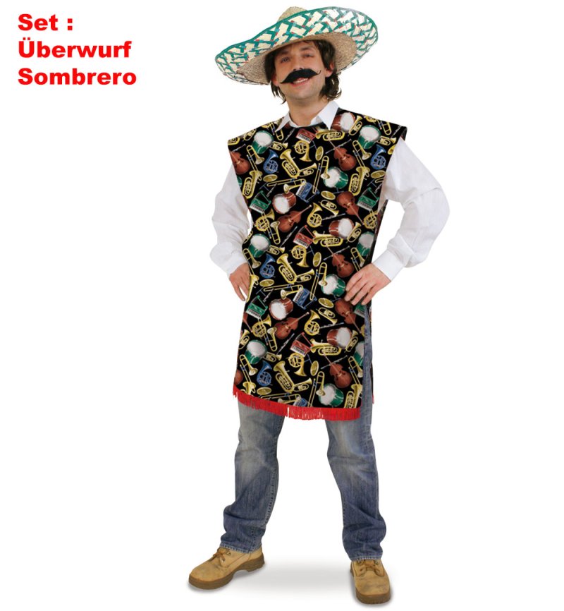 Mexikanerset, 2-tlg., Überwurf und Sombrero, Kostümparty, Mottoparty, Fasching, Karneval, Gr. XL