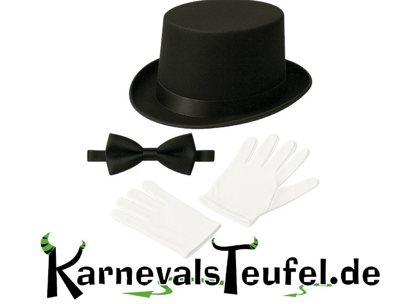 Zubehör Set für Herren – Zylinderhut, weiße Handschuhe, Fliege