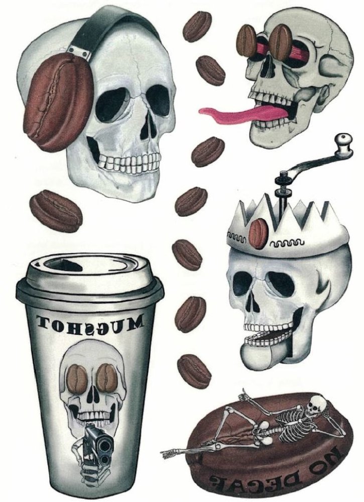 Hautaufkleber Black Coffee Totenkopf Tattoos Grusel Horror 3 Bögen