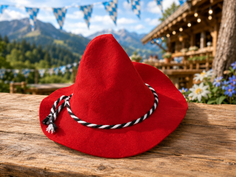 Seppelhut Rot mit schwarz-weißer Kordel | Bayernhut für Volksfest, Karneval & Fasching