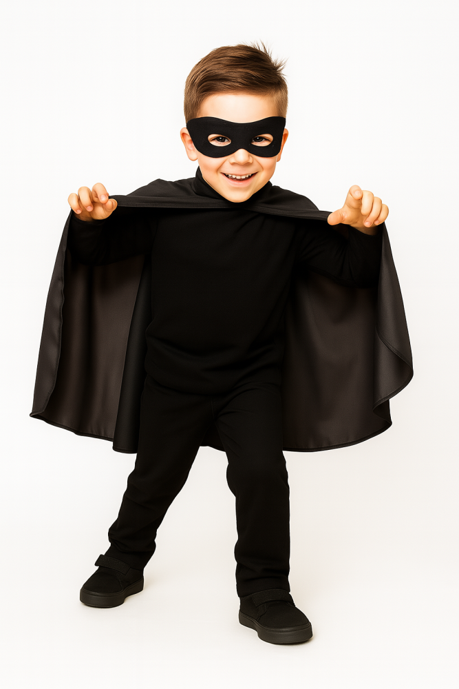 Superhelden Kostüm – Schwarzer Umhang & Maske für Jungen & Mädchen – Größen 98, 104/116, 128/140