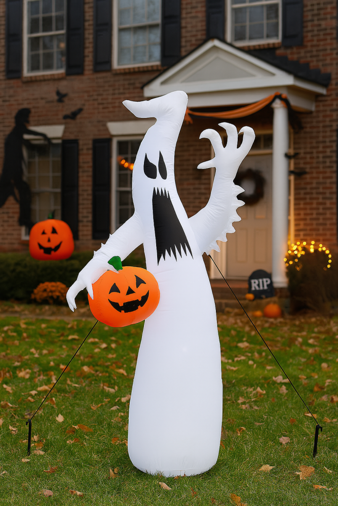 Halloweenfigur Geist mit LED & Kürbis | 245 x 102 x 65 cm | wetterfest & selbstaufbauend, Leuchtende Dekofigur mit Gebläse für Garten & Eingang