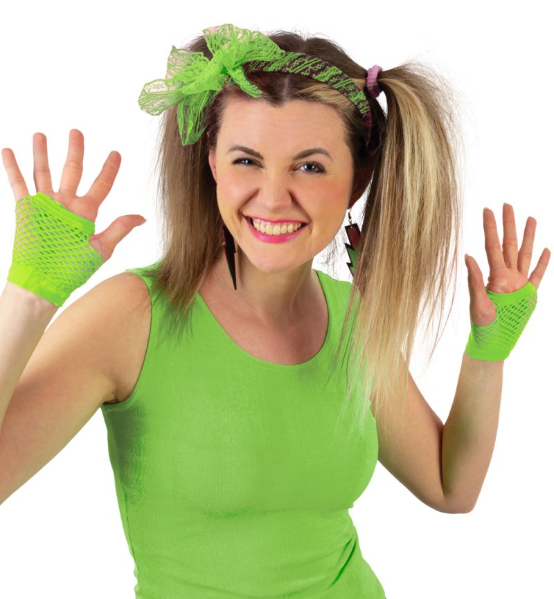 80er-Jahre-Kostüm-Zubehör-Set 6 tlg. Neon Rock Handschuhe, Ohrringe Haarreif Schleife Retro Style Bad Taste Accessoire