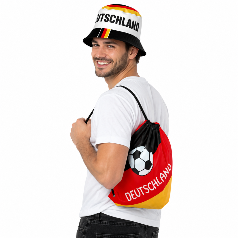 Deutschland Fan-Set mit Fischerhut & Turnbeutel – Schwarz Rot Gold Fanartikel für EM, WM, Stadion & Public Viewing