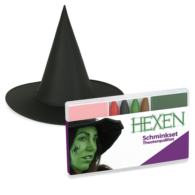 Hexenhut mit Schminkset – Halloween Kostümzubehör in Theaterqualität – Wahl zwischen Hexengrün oder Schminkset für Hexen