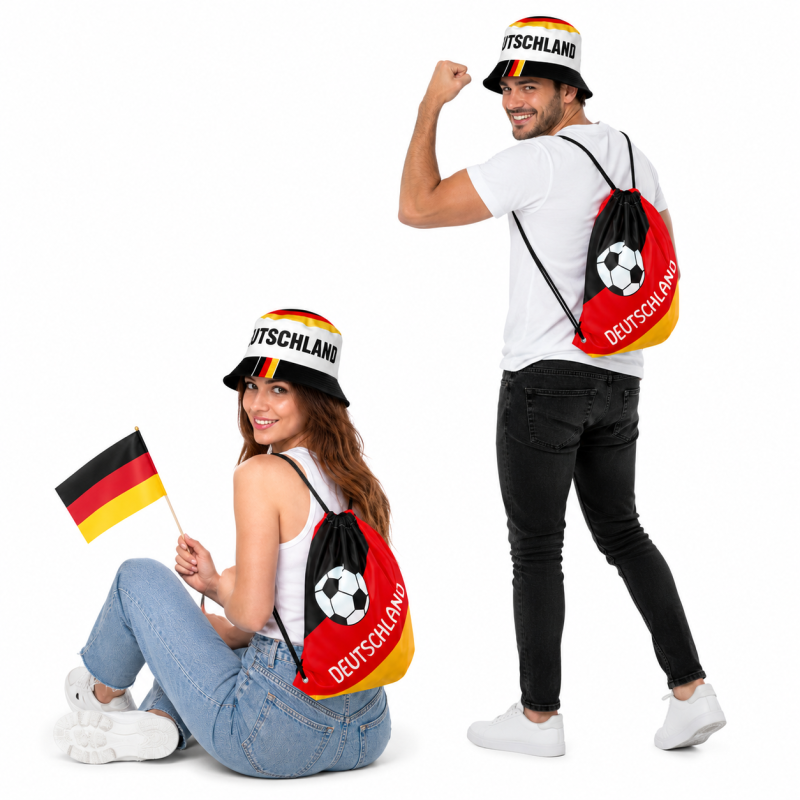 Deutschland Fan-Set mit Fischerhut & Turnbeutel – Schwarz Rot Gold Fanartikel für EM, WM, Stadion & Public Viewing