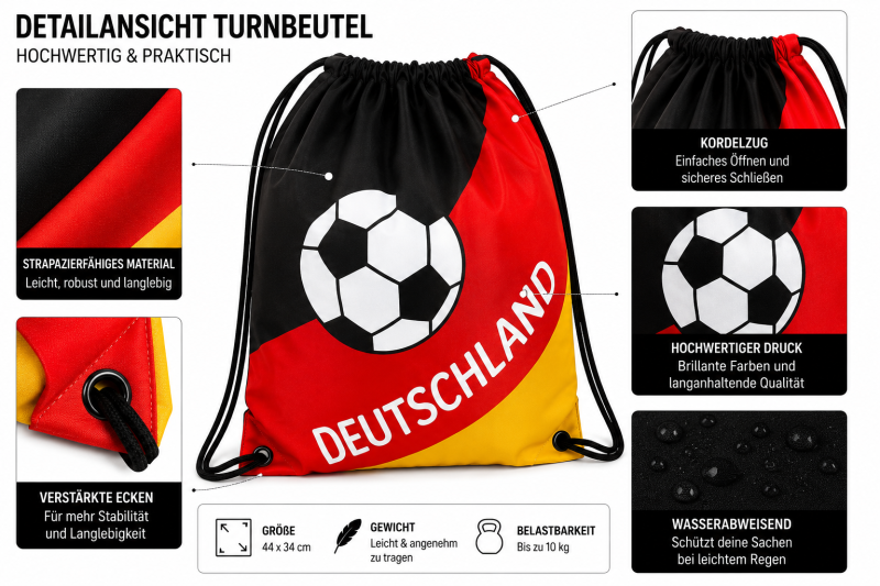 Deutschland Fan-Set mit Fischerhut & Turnbeutel – Schwarz Rot Gold Fanartikel für EM, WM, Stadion & Public Viewing