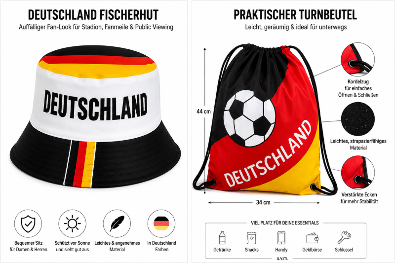 Deutschland Fan-Set mit Fischerhut & Turnbeutel – Schwarz Rot Gold Fanartikel für EM, WM, Stadion & Public Viewing