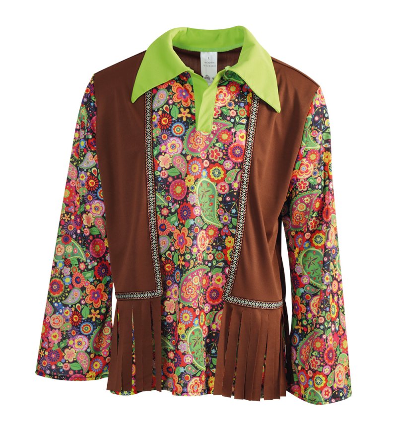 Hippie Kostüm Erwachsene Damen oder Herren – 70er Jahre Outfit mit Buntem Blumenmuster & Brauner Fransenweste – Flower Power Verkleidung
