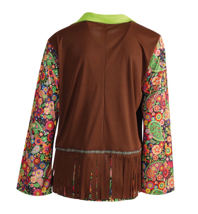 Hippie Kostüm Erwachsene Damen oder Herren – 70er Jahre Outfit mit Buntem Blumenmuster & Brauner Fransenweste – Flower Power Verkleidung