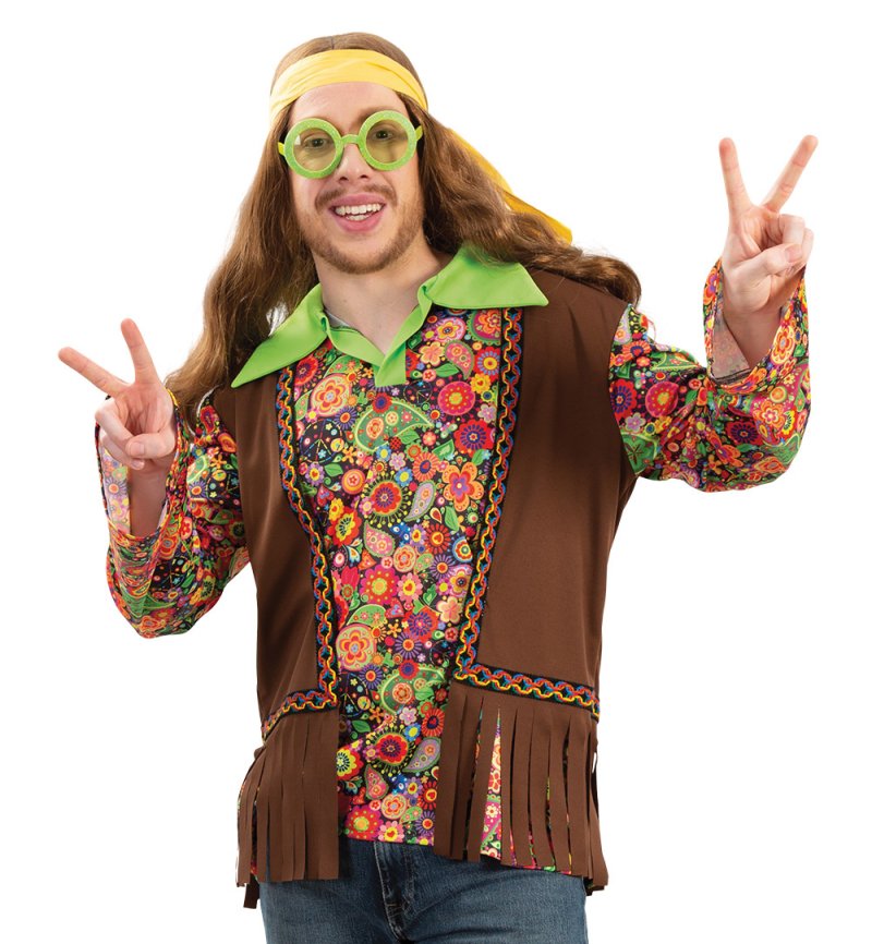 Hippie Kostüm Erwachsene Damen oder Herren – 70er Jahre Outfit mit Buntem Blumenmuster & Brauner Fransenweste – Flower Power Verkleidung