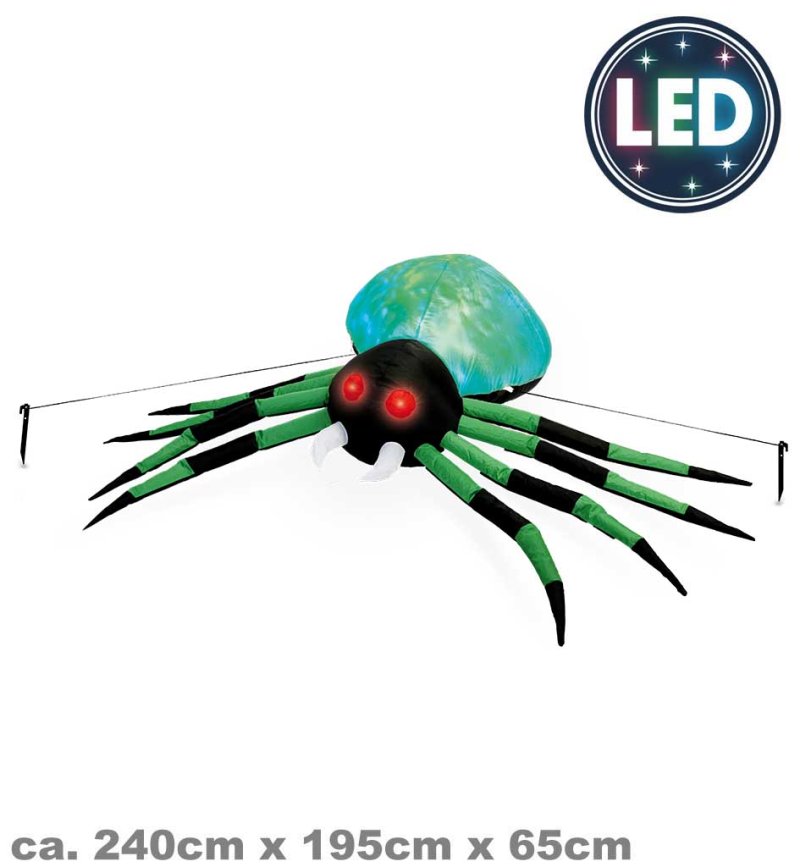 Selbstaufblasende grün-schwarze LED-Spinne mit Befestigungsleinen