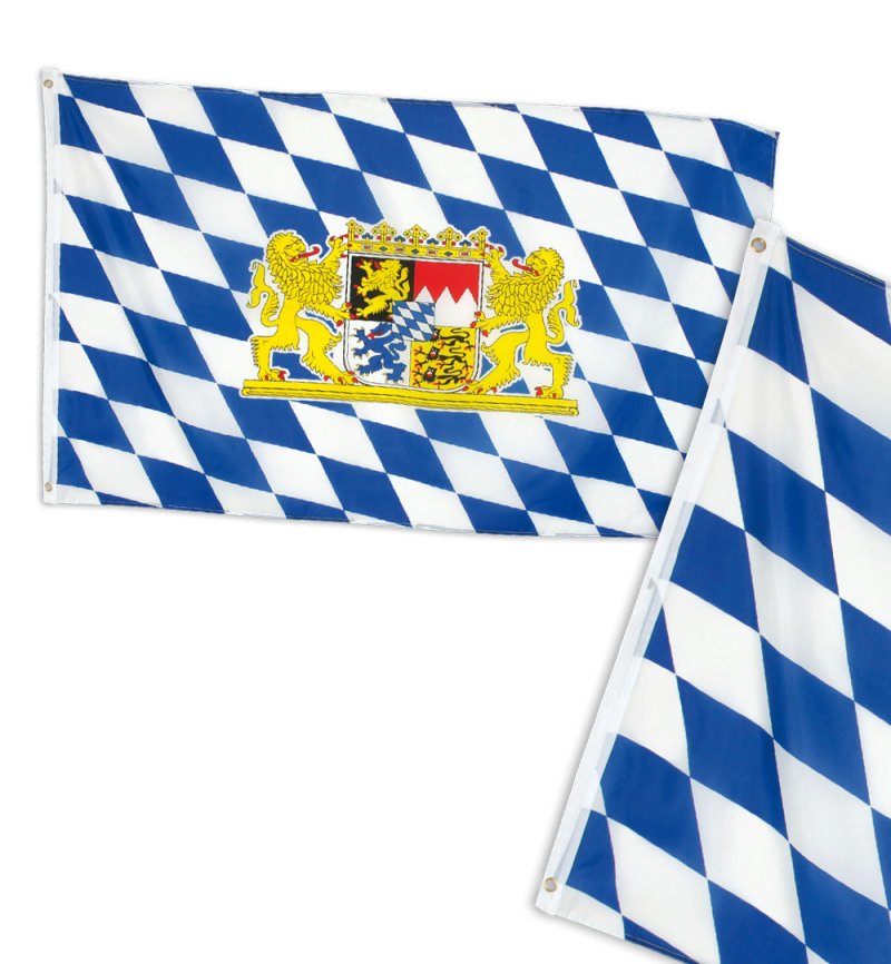 Gesamtansicht der Bayern Fahne in Blau-Weiß mit Bayern-Wappen