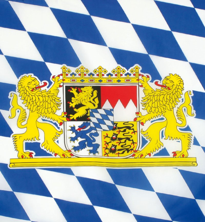 Detailansicht des Bayern-Wappens auf der blau-weißen Fahne