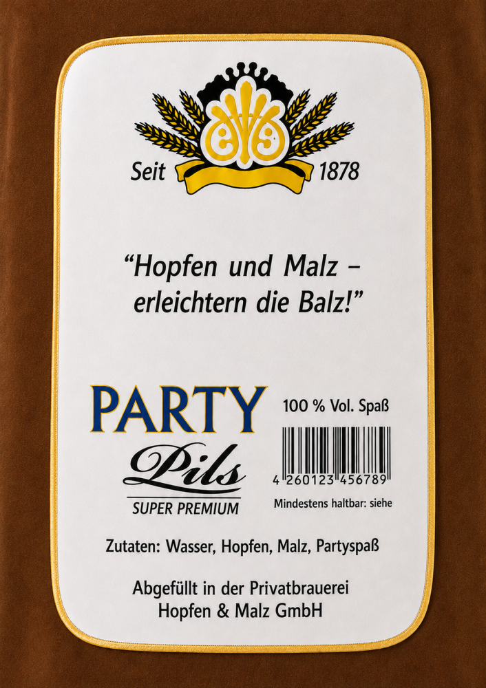 Detailansicht des rückseitigen Etiketts am Bierflaschen Kostüm
