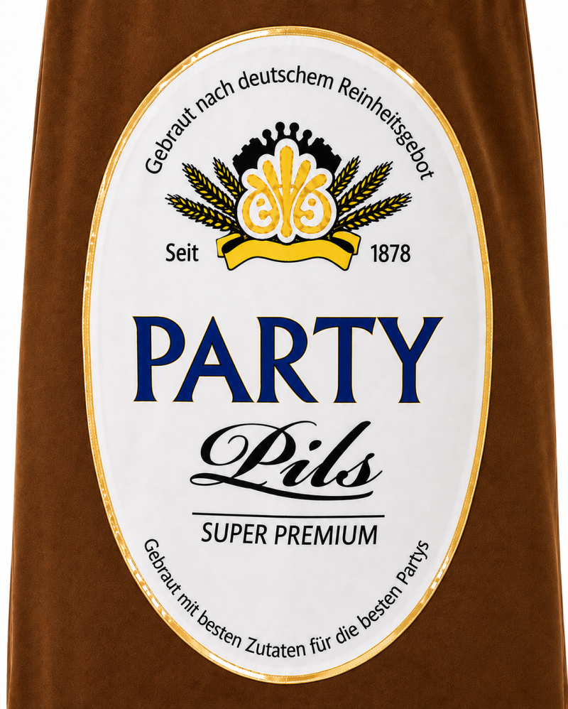 Detailansicht des vorderen Party Pils Etiketts am Bierflaschen Kostüm