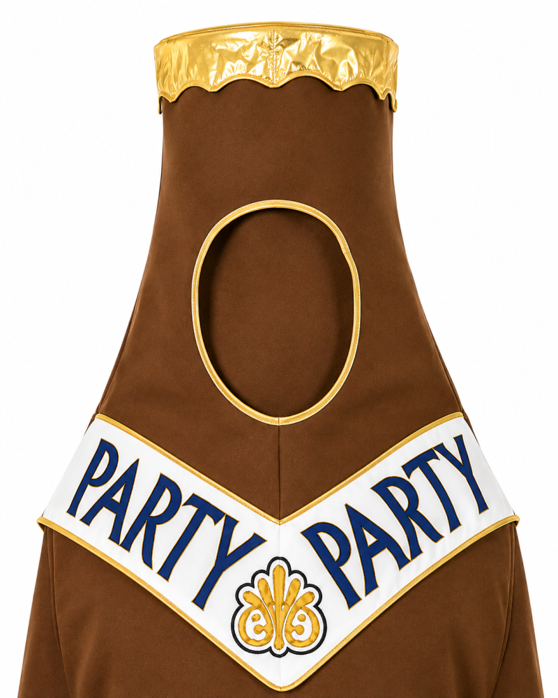 Detailansicht des Bierflaschen Kostüms mit goldfarbenem Flaschenverschluss und Party Schriftzug
