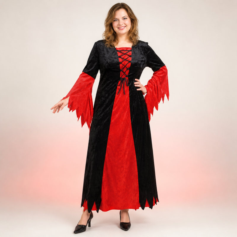 Damen-Hexenkostüm Cassandra in Rot und Schwarz – Vorderansicht