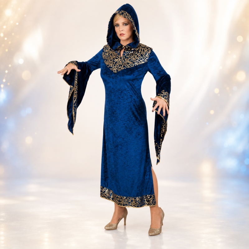 Damenkostüm Mysterie in Blau und Gold mit Kapuze am Model