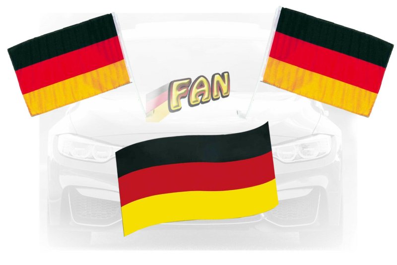 Deutschland Auto-Fan-Set mit 2 Autofahnen und Motorhaubenflagge in Schwarz-Rot-Gold