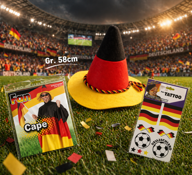 3-teiliges Deutschland Fan-Set mit Fan-Hut, Deutschland-Cape und Gratis-Tattoos