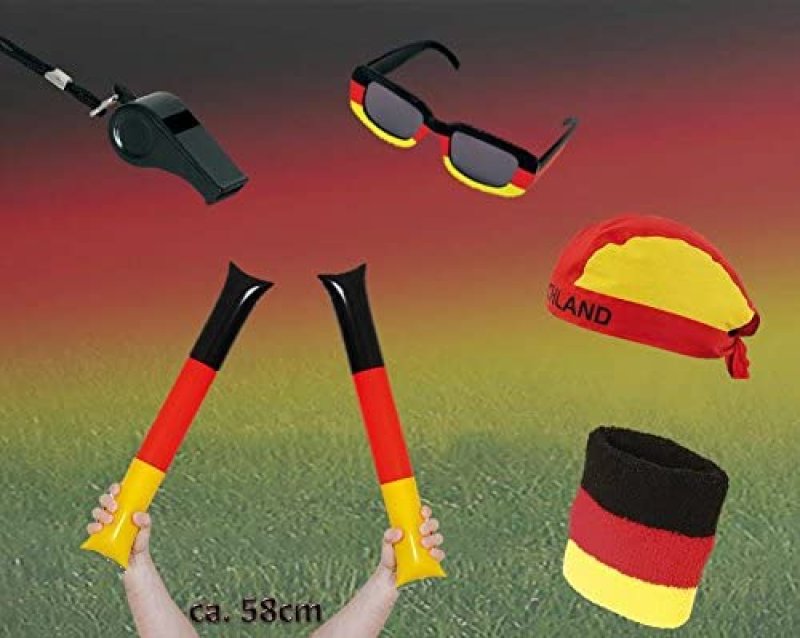 5-teiliges Deutschland Fan-Set mit Airsticks, Fanbrille, Kappe, Schweißband und Trillerpfeife