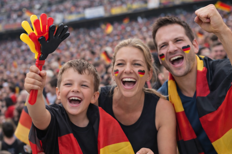 Deutschland Klapperhand in Schwarz-Rot-Gold mit kostenlosen Fan-Tattoos