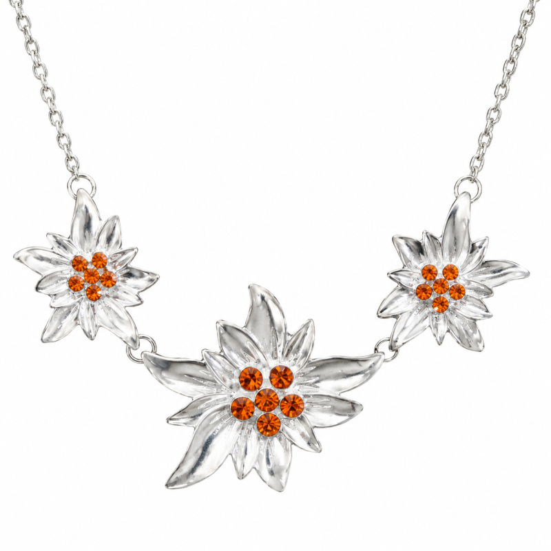 Silberfarbene Edelweiß Kette mit drei Blüten und orangefarbenen Schmucksteinen