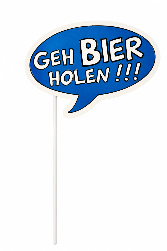 Blaues Fotobox Prop mit Schriftzug Geh Bier holen