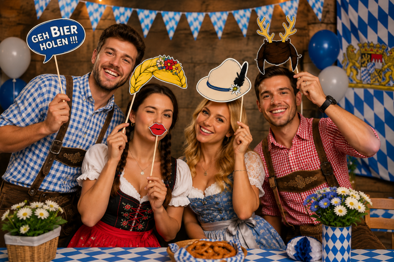 Freunde mit bayerischen Fotobox Props auf einer Party