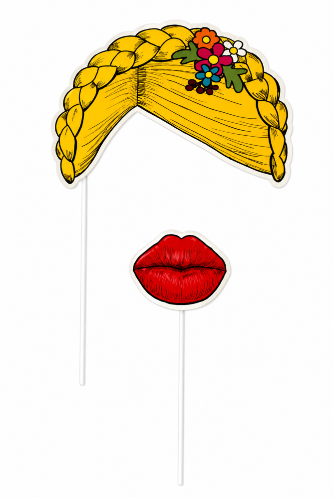 Fotobox Props mit blonden Zöpfen und roten Lippen