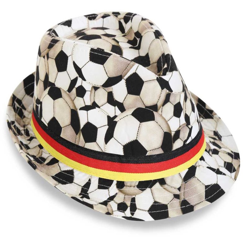Fußball Trilby-Hut mit Fußballmuster und Deutschlandband in Schwarz-Rot-Gold