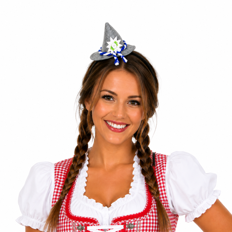 Dame trägt Bayern Haarreif mit Mini Alpenhut und Edelweiß
