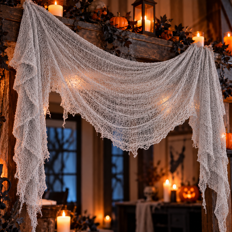 Grauer Halloween Dekostoff hängend als stimmungsvolle Gruseldekoration