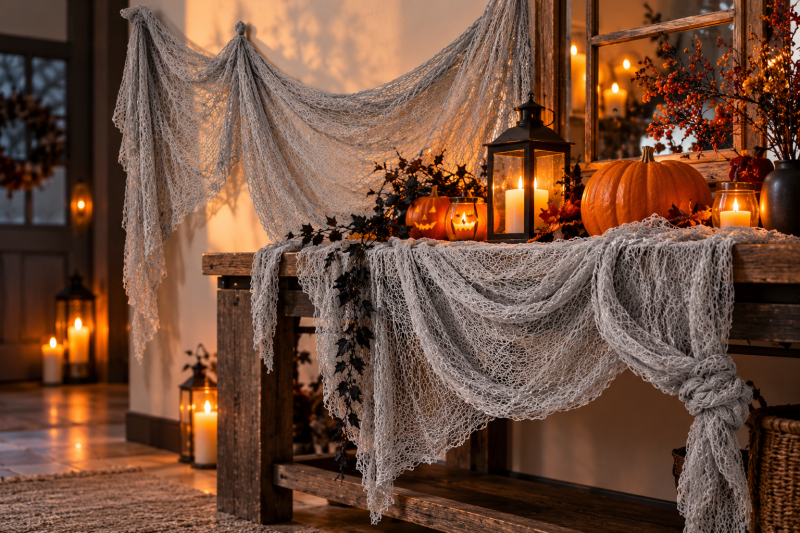 Grauer Halloween Dekostoff dekorativ über einem Möbelstück drapiert