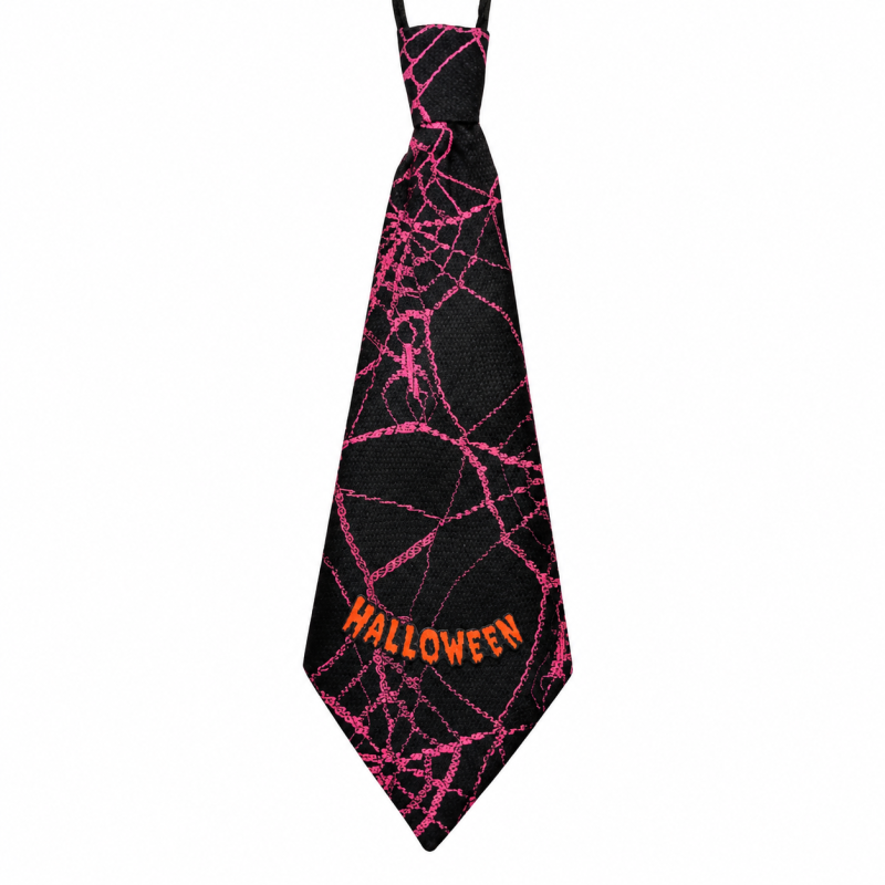 Halloween Krawatte Schwarz-Rosa mit Spinnennetz-Muster und Halloween-Schriftzug