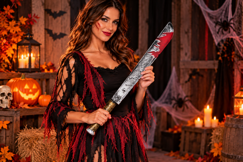 Frau im Halloweenkostüm mit blutiger Spielzeug-Machete in einer stimmungsvollen Halloween-Kulisse