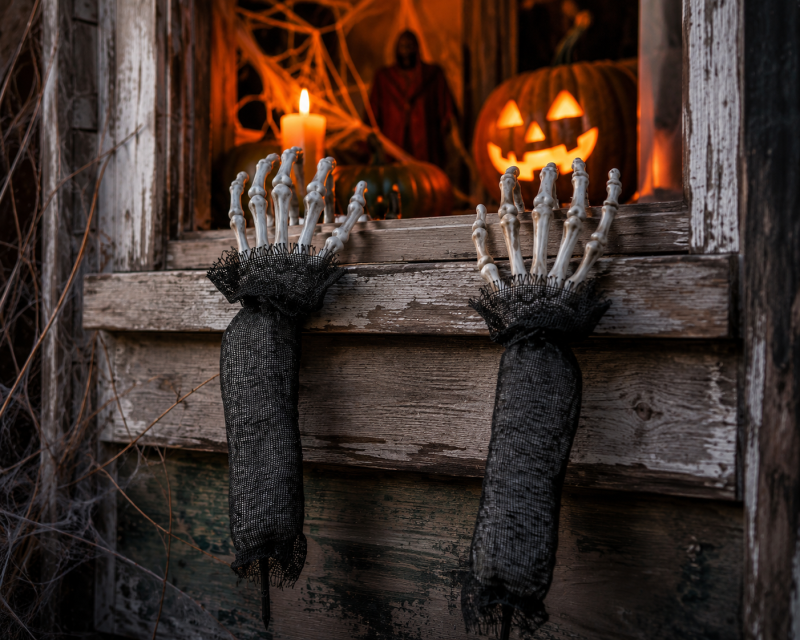 Halloween Skelett Dekohände als gruselige Dekoration an einer Holzwand