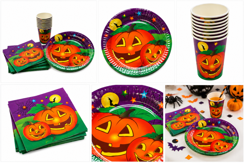 Halloween Tischset mit Kürbis-Motiv – Teller, Becher und Servietten im Überblick