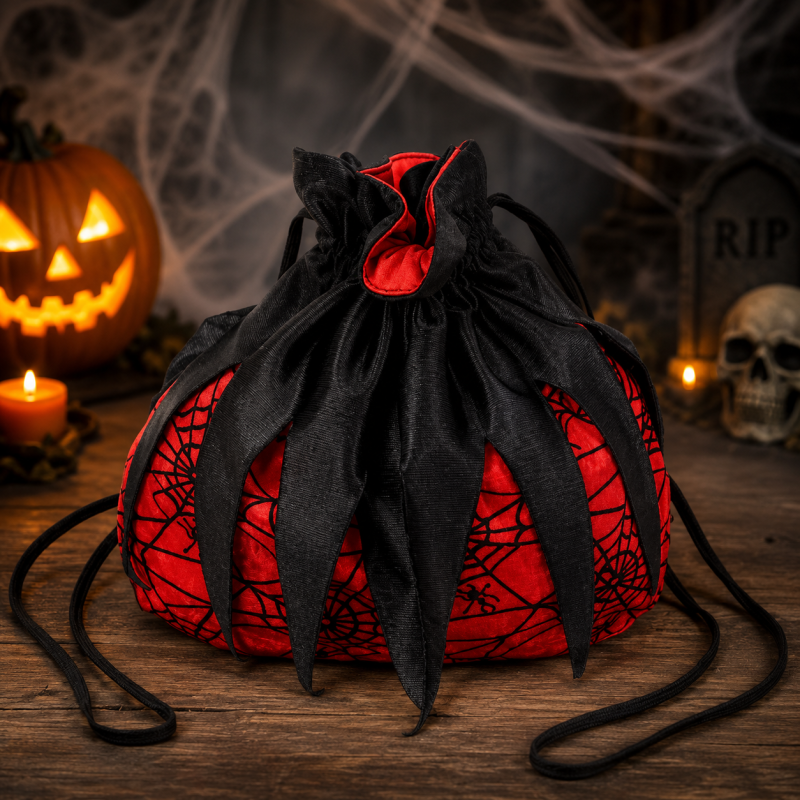 Schwarz-roter Hexenbeutel mit Spinnennetzmuster und schwarzen Stoffspitzen