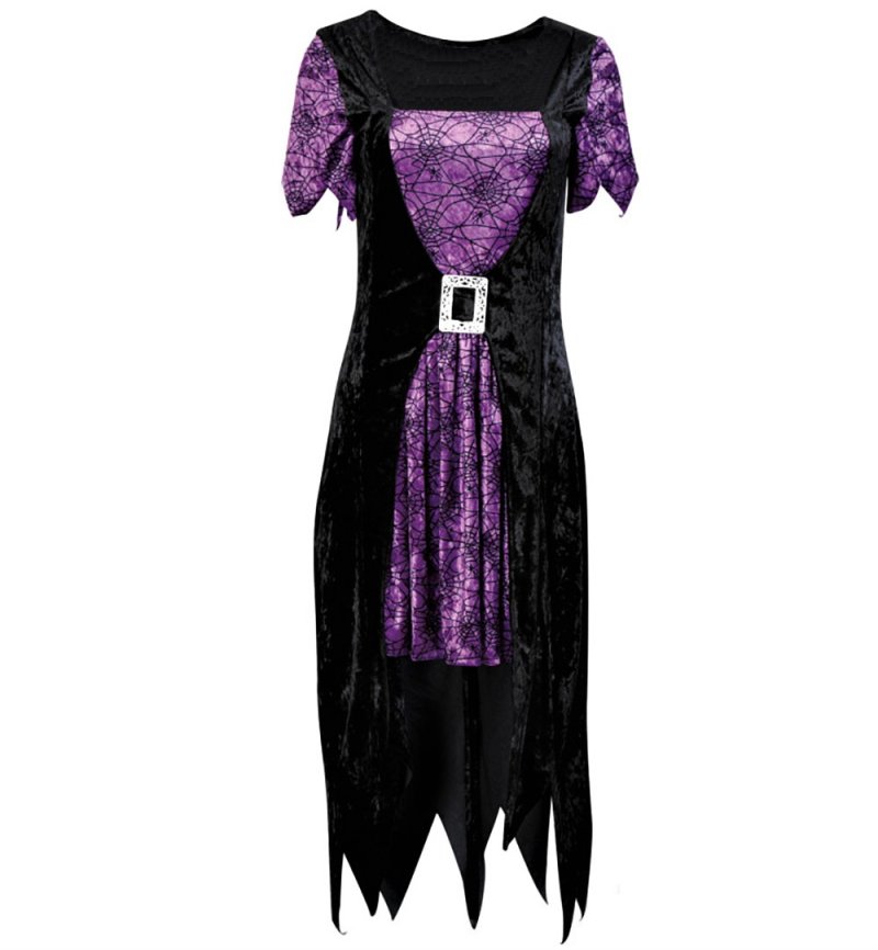 Vorderansicht des Hexenkleides Violetta mit violettem Spinnennetzmotiv und silberfarbener Schnalle