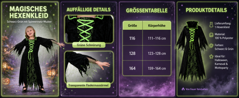 Schwarz-grünes Kinder-Hexenkleid mit Produktdetails und Größentabelle für 116, 128 und 164