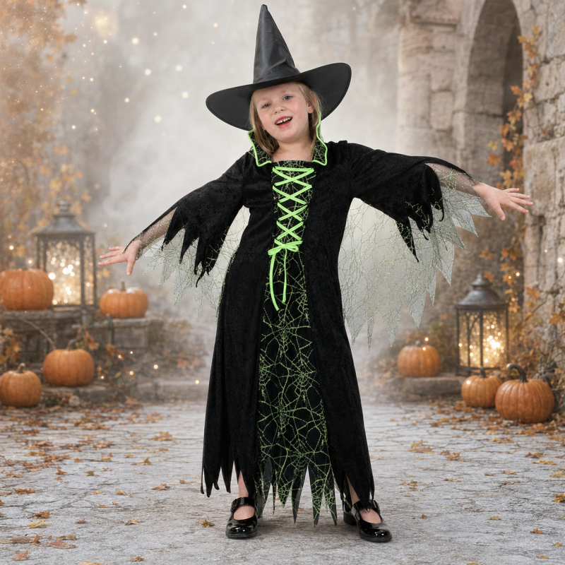 Mädchen im schwarz-grünen Hexenkleid mit Spinnennetz-Muster in einer magischen Halloween-Kulisse