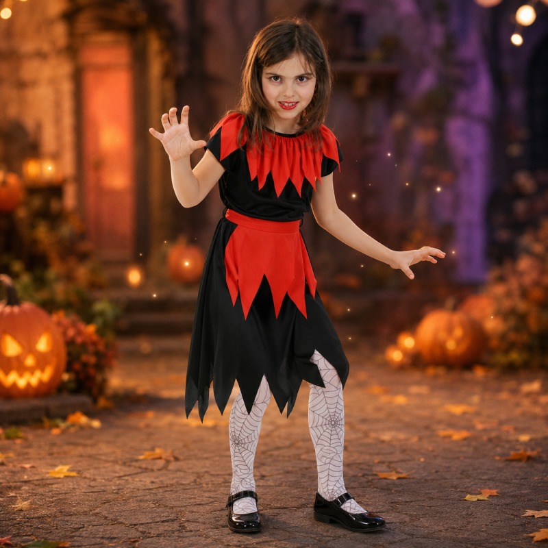 Mädchen im schwarz-roten Kinder-Hexenkostüm Hex Hex in einer stimmungsvollen Halloween-Kulisse