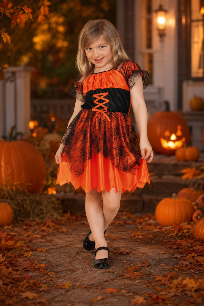 Mädchen im orange-schwarzen Kinder-Hexenkleid mit Spinnennetz-Tüll in einer Halloween-Kulisse