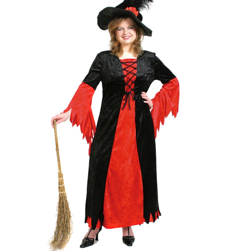 Langes rot-schwarzes Hexenkleid Cassandra in vollständiger Ansicht
