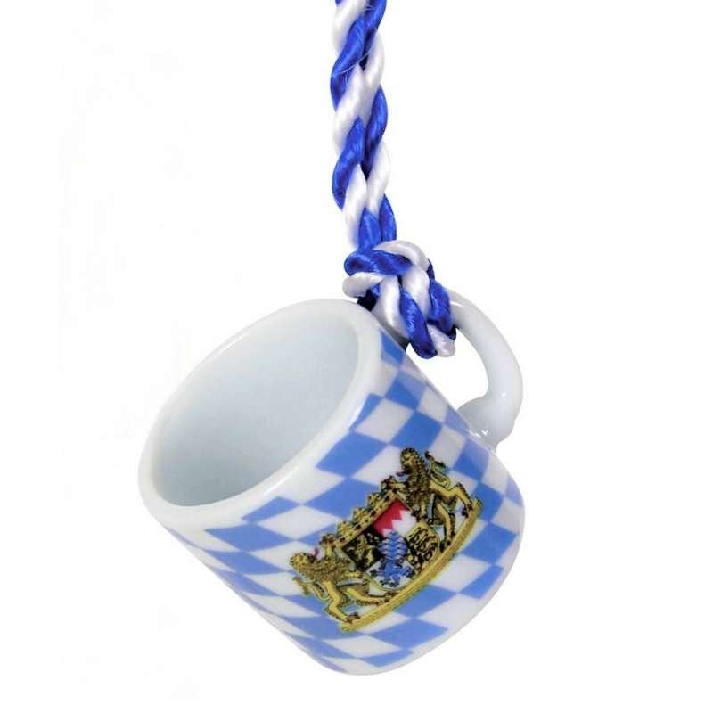 Mini-Krug aus Porzellan im blau-weißen Bayern-Design mit Umhängekordel