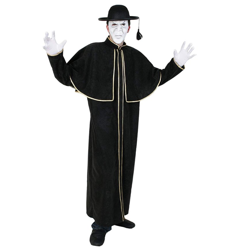 Schwarzes Priestergewand mit goldfarbenen Verzierungen und Cape