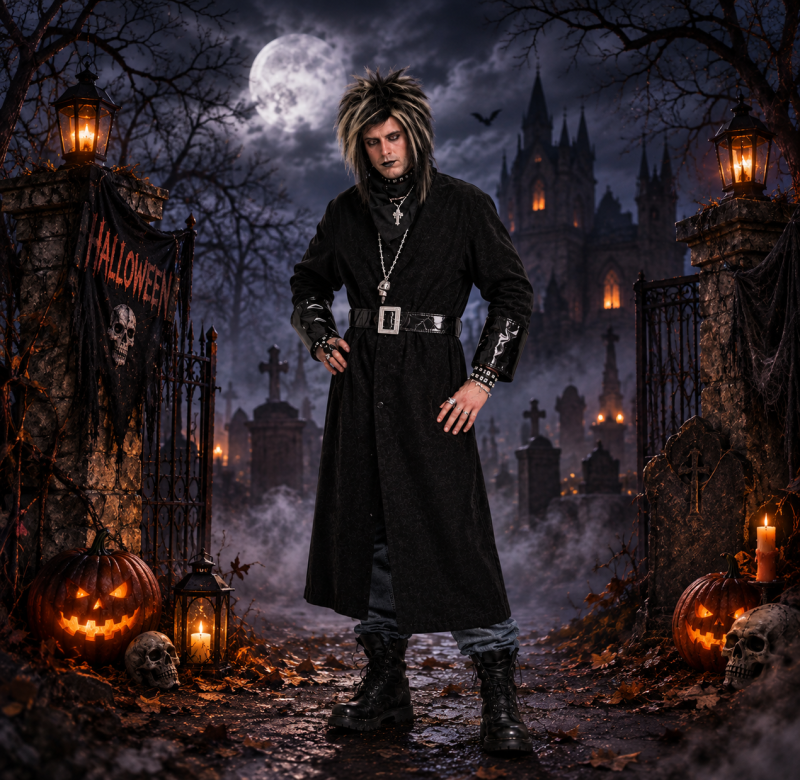 Schwarzer Punkmantel für Erwachsene im Gothic Look als Halloween Kostüm