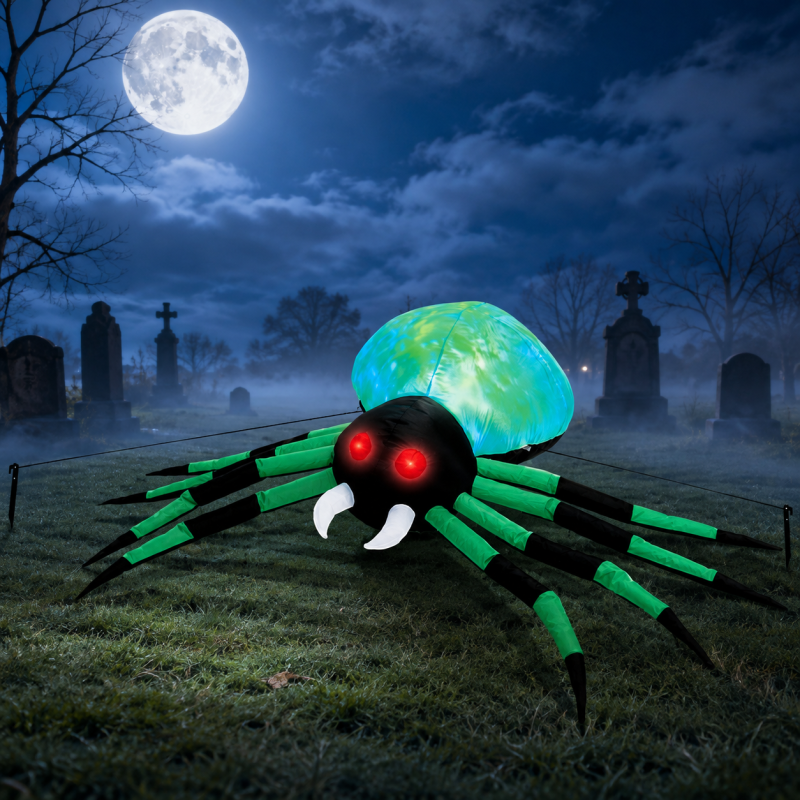Selbstaufblasende LED-Spinne mit grünen Lichtwirbeln und roten Leuchtaugen auf einem Friedhof